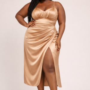 PLUS SIZE RUCHED SATIN MIDI DRESS WITH HIGH SLIT