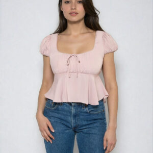 Satin Puff-Sleeve Peplum Crop Top