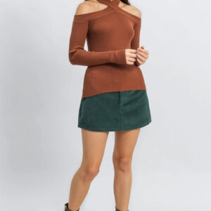 Ribbed Off-The-Shoulder Halter Sweater-Knit Top