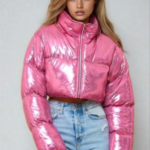 Cropped Metallic Puffer Jacket