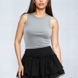 Tiered Twill Lace-Trim Mini Skirt