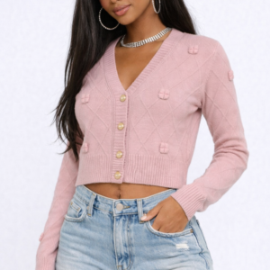 Bow Applique Cropped Cardigan Sweater