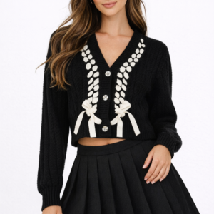 Braided Ribbon Cropped Cardigan Sweater