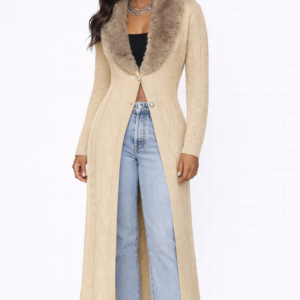 Faux Fur-Collar Cable Knit Longline Cardigan