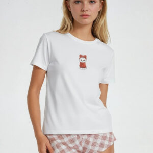Cat Graphic Tee & Plaid Shorts Pajama Set