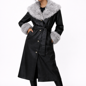 Faux Leather & Faux Fur-Trim Trench Coat