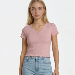 Ribbed Lettuce-Edge Henley Tee