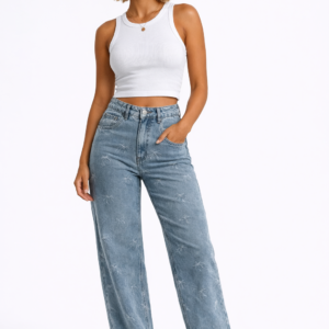 Embroidered Bow Print Wide-Leg Jeans