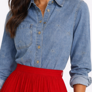 Embroidered Bow Print Oversized Denim Shirt