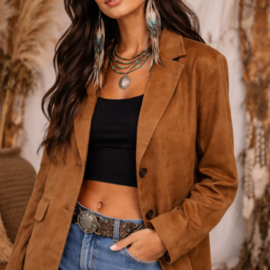 Faux Suede Button-Front Blazer Jacket