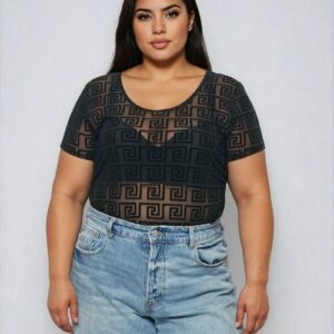 Plus Size Geometric Pattern Mesh Bodysuit