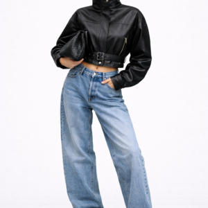 Faux Leather Belted Cropped Jacket