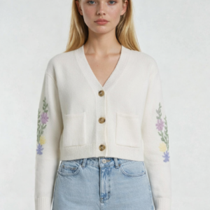 Floral Embroidered-Sleeve Cropped Cardigan