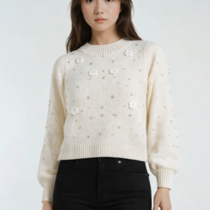 Floral Appliqué Faux Pearl Sweater