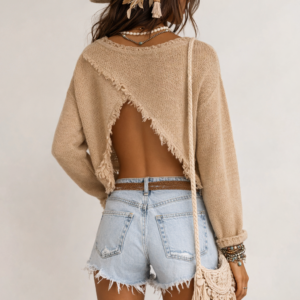 Fringe-Trim Open-Back Bolero Sweater