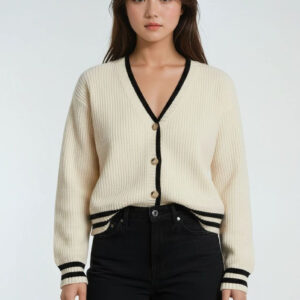 Oversized Contrast-Trim Ribbed Cardigan