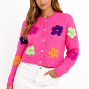 Floral Appliqué Knit Cardigan Sweater