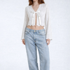 Open-Front Pointelle Bow Cardigan