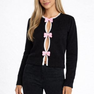 Velvet Bow Open-Front Knit Sweater