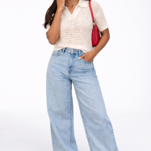 Short-Sleeve Crochet Collared Sweater Top