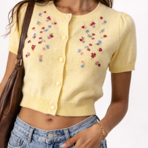 Floral Embroidered Puff-Sleeve Cardigan