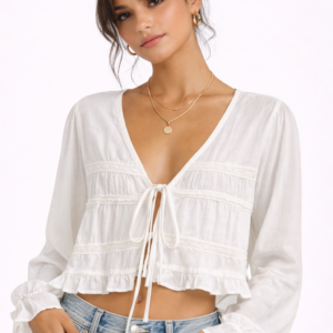 LONG SLEEVE TIE FRONT BLOUSE WITH RUFFLE DETAIL