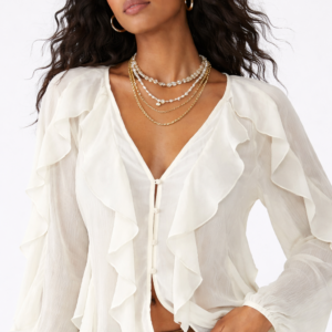 CHIFFON BUTTON FRONT RUFFLE DETAIL BLOUSE