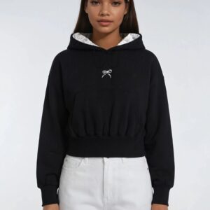 Cropped Lace-Lined Hood & Embroidered-Bow Hoodie
