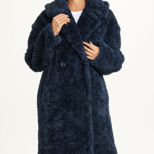Notch Collar Curly Teddy Double Breasted Coat Sapphire