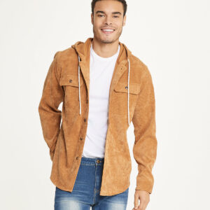 Men's Long Sleeve Corduroy Hooded Shirt Jacket