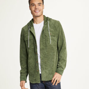 Men's Long Sleeve Corduroy Hooded Shirt Jacket