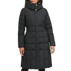 Box Quilt Down Zip Front Coat Black