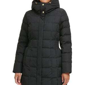 Box Quilt Down Zip Front Coat Dark Black