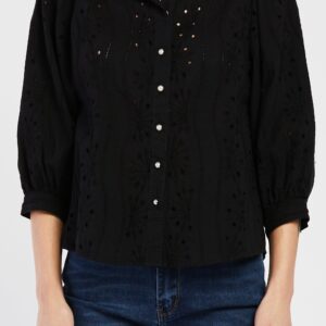 Teehan 3/4 Puff Sleeve Button Down Eyelet Shirt