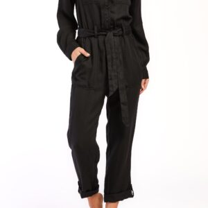 Frenzia Long Sleeve Utility Style Jumpsuit Button Down Tab Cuff Hem Self Belt