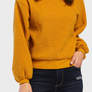 Domino Long Sleeve Pullover Top Ribbed Cuff Hem And Mock Neck