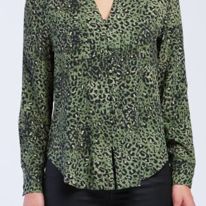 Eleni Long Sleeve Loop Button Down Closure Chest Patch Pockets Rounded Hem
