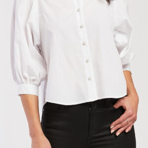 Teegan 3/4 Puff Sleeve Pearl Button Down Top Shirred Shoulder Top