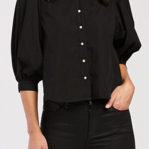 Teegan 3/4 Puff Sleeve Pearl Button Down Top Shirred Shoulder Top