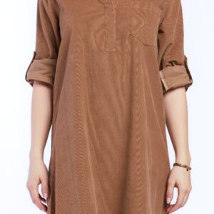 Lizbeth Rolled Tab Sleeve Pop Over Shift Dress Split Neck With 2 Button