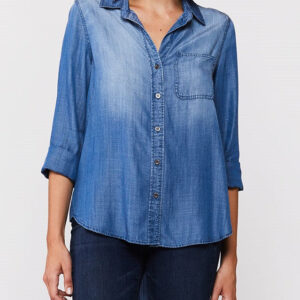 3/4 Cuffed Sleeve Button Down Shirt Single Chest Pocket Hi Low Hem