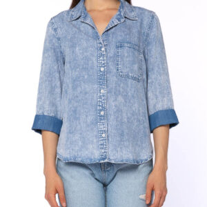 3/4 Cuffed Sleeve Button Down Shirt Chest Pocket High Low