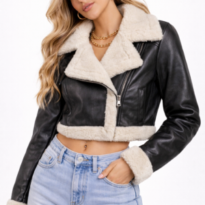 Cropped Faux Leather & Shearling Moto Jacket
