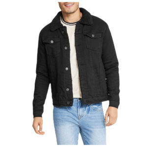 Black Sherpa Collar Black Denim Jacket