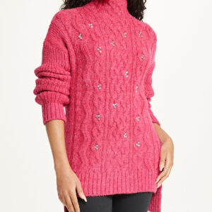 Bejewelled Cable Mock Neck Sweater