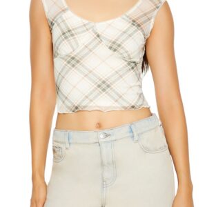 Mesh Plaid Cap-Sleeve Top