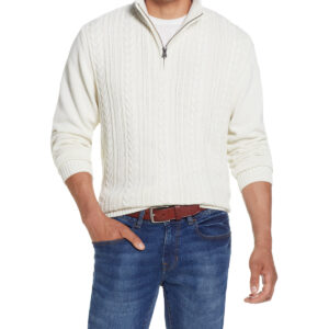 Cable Knit Quarter Zip Sweater Ecru