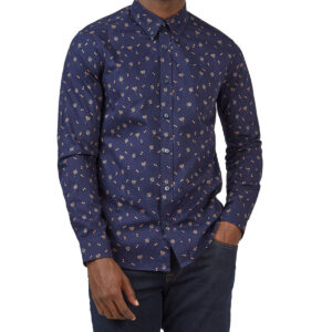 Scattered Floral Print Twill Buttondown Shirt with Long Sleeves