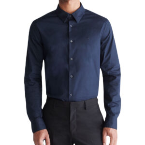 Long Sleeve Solid Stretch Slim Woven Shirt Navy